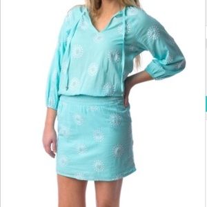 TARA MICHELLE Aruba Blue Embroidered Suns Tie Neckline Dress Size Small